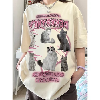 Летняя хлопковая футболка с короткими рукавами с кошачьим принтом женская свободная винтажная топ в европейском и американском стиле в женской одежде y2k топ