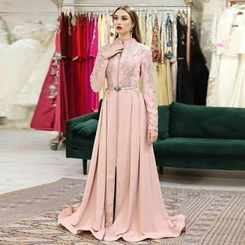 Розовый марокканский кафтан Мусульманские вечерние платья А-силуэт Длинные рукава Атласные аппликации Дубай Арабский Турция Кафтан Исламское платье