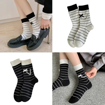 B36D Стильные полосатые средние носки-трубки для женщин Вязаные носки японские