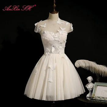 AnXin SH Роскошная принцесса белая кружевная бабочка с иллюзией шеи без рукавов винтажное вечернее платье для вечеринок маленькое белое платье