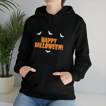 Черная толстовка с капюшоном Happy Halloween Scary Spooky Graphic Толстовки Повседневный пуловер с длинным рукавом для женской одежды осень-зима