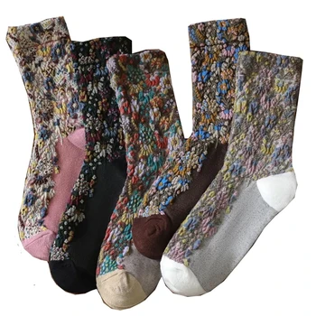 5 пар Винтажные хлопковые носки с принтом Зимние длинные женские носки Набор Пэчворк Милый Кавайный Корейский Стиль Мода Новый Harajuku Socken
