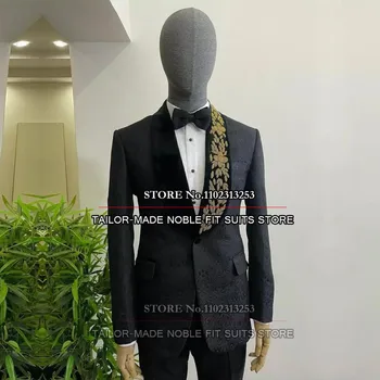 Свадебные костюмы ручной работы для мужчин Slim Fit Gold Bead Jacket Брюки 2 шт. Смокинги жениха Однобортные блейзеры для выпускного вечера на заказ