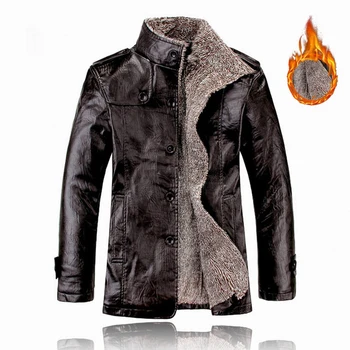 Мужское зимнее теплое пальто из искусственной кожи в стиле ретро куртка с меховой подкладкой куртка с лацканом на молнии Moto Black Хаки Красный коричневый