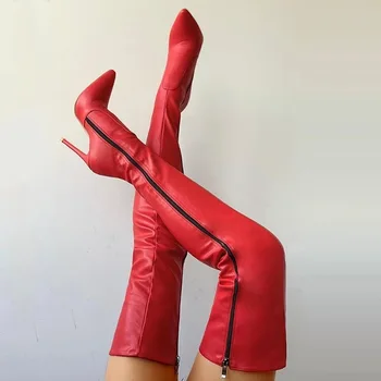 FHC Мягкие кожаные женские сапоги до бедра,Тонкие ботильоны на высоком каблуке,Сексуальная осенняя обувь,Длинные боты,Боковая молния,Острый носок,Черный,Красный