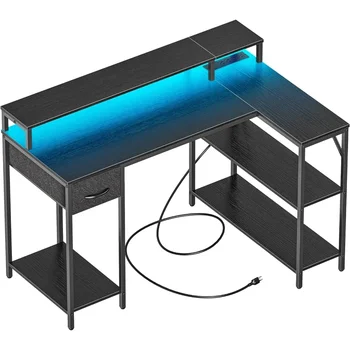  Ноутбук Кабинет Стол для чтения Черный L-образный игровой стол со светодиодной подсветкой и розетками Мебель Компьютерные столы