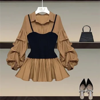 Элегантная шикарная фальшивая уличная блузка из двух частей с оборками, женская весна, осень, мода, повседневная офисная женская рубашка с длинным рукавом LJ564