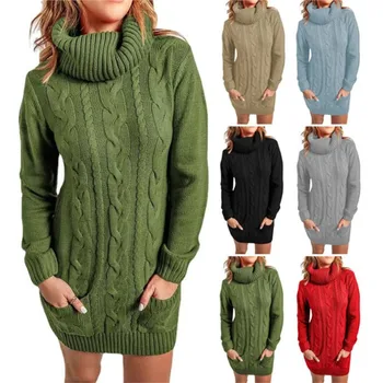 Женщины Водолазка Twist Вязаный С длинным рукавом Теплый свитер Осень-зима Мини-платье Утолщенный пуловер Ретро