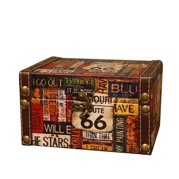 Винтажный декоративный чемодан для хранения Маленькая деревянная коробка в стиле ретро Шкатулка Замок Настольная коробка для хранения Отделка Muhe Ювелирная шкатулка 66 Road