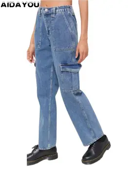 Женские дизайнерские джинсы Прямые штанины с высоким карманом Y2K Tactical Harajuku Work 80 90 Классические джинсовые брюки-карго
