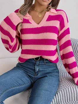 Осень-зима Трикотажный женский свитер Корейский модный пуловер Женский джемпер Vinatge Полосатый женский базовый топ с длинным рукавом