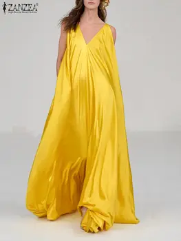 ZANZEA Holiday Party Женское платье 2023 Лето Желтые длинные халаты Повседневная мода Vestidos A-line Атласные платья с V-образным вырезом без рукавов