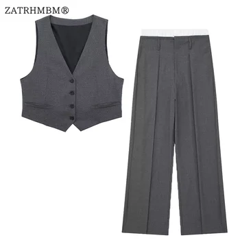 ZATRHMBM 2023 Женские комплекты Майка с V-образным вырезом на пуговицах и широкие штанины с высокой талией Комплект шикарный молодежный отпуск Модный костюм