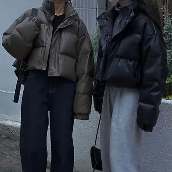 MOLAN Шикарная зимняя женская мягкая куртка Кожаная High Street с длинным рукавом на молнии Короткая куртка Топ Женская мода Теплая верхняя одежда