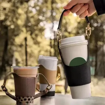 Многофункциональная сумка-рукав для кофейной чашки для чашки для напитков и бутылки с водой, кожаный материал