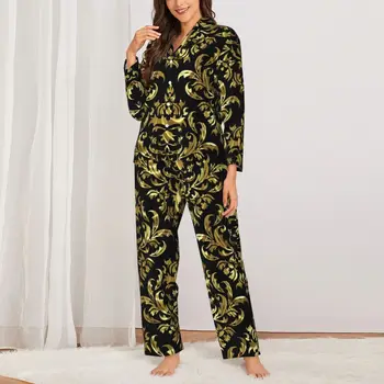 Золотой барокко Цветочные пижамы Осень Геометрический Повседневный Пижамный Комплект Оверсайз Леди Лонг Рукав Прекрасный Номер На заказ Ночное Белье
