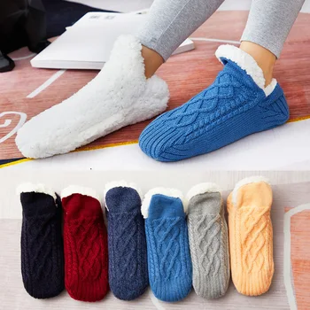 Силиконовые противоскользящие и теплые зимние носки на полу Утолщенные трикотажные носки Однотонные женские повседневные плюшевые носки дома