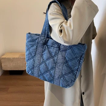 Джинсовые сумки через плечо с бриллиантовой решеткой для женщин 2023 Зимние синие повседневные сумки Тканевые сумки в японском и корейском стиле Хлопковые пакеты