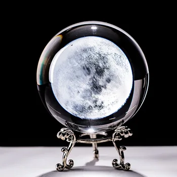 60 мм Лунный глобус Сфера с подставкой Хрустальный шар 3D Лазерная гравировка Кварцевое стекло Украшение домашнего офиса Статуэтка Украшения Подарки