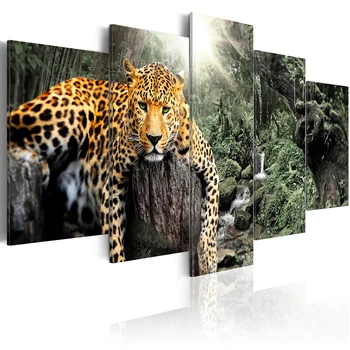 5 панелей леопард плакаты и принты животные холст живопись настенное искусство картины для гостиной современный домашний декор дерево лес