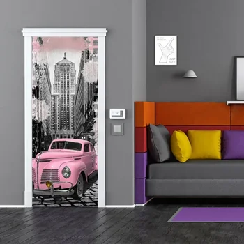 Розовый автомобиль 3D наклейка для украшения двери дома гостиная коридор настенный декор виниловый клей фреска винтажная мебель ремонт