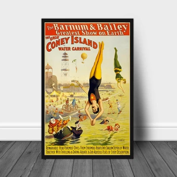 Большой водный карнавал на Кони-Айленде (Барнум и Бейли) Винтажный рекламный плакат Печать на холсте Домашняя настенная живопись Украшение (без рамы)