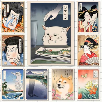 Смешная японская женщина кричит на кошку Doge мем Черный белый длинный кот холст живопись настенное искусство плакат печать для комнаты домашний декор