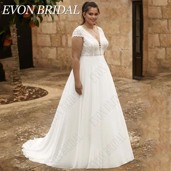EVON BRIDAL Шифон А-силуэт V-образным вырезом Свадебное платье Большие размеры с короткими рукавами Платья невесты Аппликация На заказ Vestidos De Novia