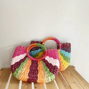 Цветовой контраст Богемные кошельки и сумки большой емкости Женские соломенные сумки Лунная плетеная соломенная сумка для женщин