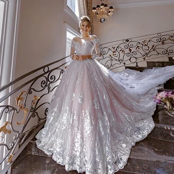 Роскошное свадебное платьевышитое кружево в сетке с бальным платьем принцессы полный рукав с о-образным вырезом платье невесты сзади пуговица Vestido de Novia