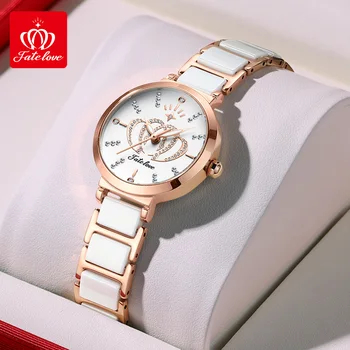 Fate Love Оригинальные импортные часы с кварцевым механизмом Роскошные бриллиантовые водонепроницаемые керамические часы из нержавеющей стали Элегантные женские часы