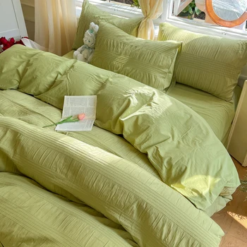 корейский стиль сирсакер постельное белье пододеяльник плоские простыни наволочка постельное белье однотонный одеяло комплект постельного белья