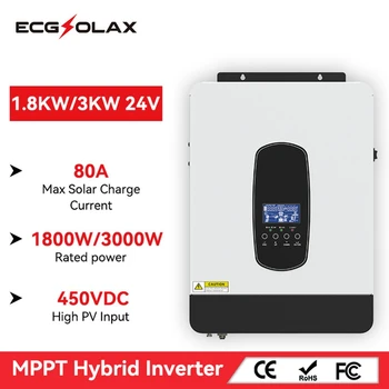 ECGSOLAX 1,8 кВт 3 кВт Гибридный солнечный инвертор 12 В 24 В 230 В с контроллером заряда MPPT макс. 80 А PV макс. 450 В постоянного тока Чистый синусоидальный инвертор