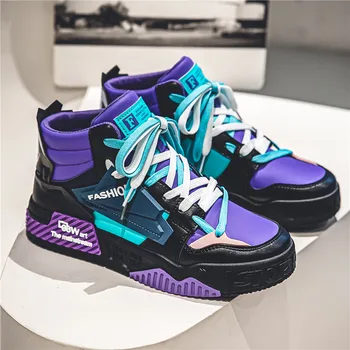  Зимняя обувь для скейтбординга с высоким верхом Мужская мода Фиолетовые повседневные кожаные кроссовки Мужская тенденция На открытом воздухе Нескользящая мужская обувь для скейтборда