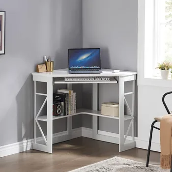  угловой компьютерный стол 41 x 30 дюймов с гладкой клавиатурой и полками для хранения для домашнего офиса, рабочей станции, подставки для ноутбука