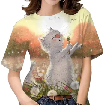 Летние футболки Женщины 3D Paiting Кошка Печать Топы с короткими рукавами Kawaii Fashion Animal Футболка Повседневная Дизайнерская одежда больших размеров