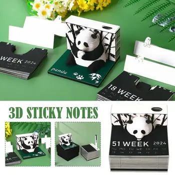 2024 Еженедельный календарь Гигантская панда 3D Бумажная скульптура Заметки Липкая трехмерная заметка Панда Липкая модель 3D 3D 3D Pad W9X5