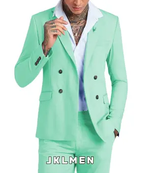 Обычные мужские костюмы 2 шт. Мятно-зеленый двубортный смокинг Формальные деловые костюмы Костюмы жениха на свадьбу (блейзер + брюки)