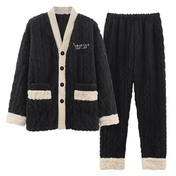 Новый мужской зимний теплый фланелевый пижамный комплект с V-образным вырезом Пушистое пальто + длинные брюки Мужские пижамы для сна 2 шт. Домашнее белье 3XL