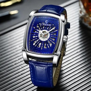 Chenxi Механические часы Мужские синие часы Кожаный ремешок Автоматические механические наручные часы с автоподзаводом Мужские часы-скелетоны Reloj