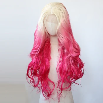 Платиновый блондин Омбре Розовый синтетический кружевной парик спереди Длинный волнистый кружевной спереди Синтетический парик Предварительно выщипанные термостойкие волокна Волосы