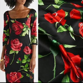  итальянский люксовый бренд розы принт эластичная атласная ткань 100% полиэстер одежда рубашка шифоновая ткань ткань для платья по метру
