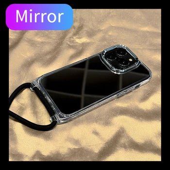 Роскошный Благородный Серебристый Зеркальный Черный Ремешок Ожерелье Прозрачный Чехол Для Телефона Для Айфон 13 12 Pro Max 14 11 Ремешок через плечо Веревочный чехол