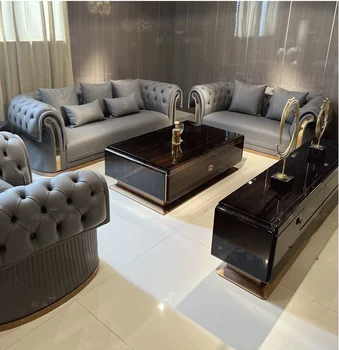 Постмодернистский светлый роскошный диван на кнопке, итальянская роскошная кожаная комбинация, простая вилла, большая домашняя американская мебель