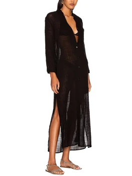 XIAXAIXU Женщины Прозрачный солнцезащитный крем с длинным рукавом Длинные классические рубашки Отложной воротник Пляжное бикини на пуговицах Черные