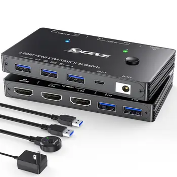 2024 Новый KVM-переключатель Kceve USB 3.0 HDMI 8K@60Hz с 3 коммутаторами USB3.0 для 2 компьютеров с общим использованием 1 монитора Клавиатура Мышь