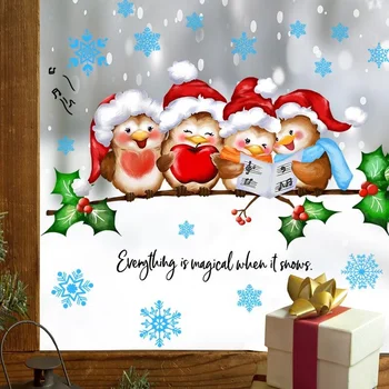 Рождественские мультяшные наклейки на стену, ветви деревьев, птицы, снежинки, наклейки на стекло, наклейки на украшения дома