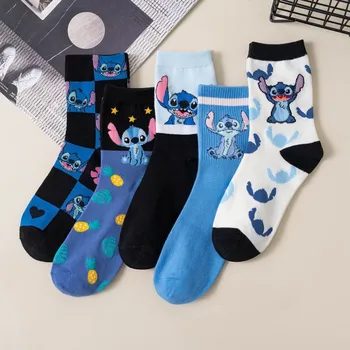 5 шт. Женские носки до середины икры Disney Stitch, домашние носки, стиль преппи, длинные теплые хлопчатобумажные носки