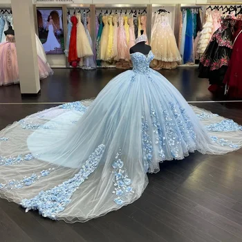 Светлый небесно-голубой Платье принцессы Выпускное платье Бальное платье Quinceanera Платье Цветы Аппликации из бисера Шея возлюбленной Тюль Vestidos De Novia