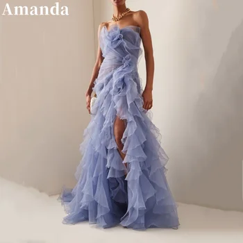 Amanda Mist Blue Edge Curl Tulle Выпускное платье с открытыми плечами и открытой спиной فساتين السهرة Сексуальное вечернее платье с высоким разрезом